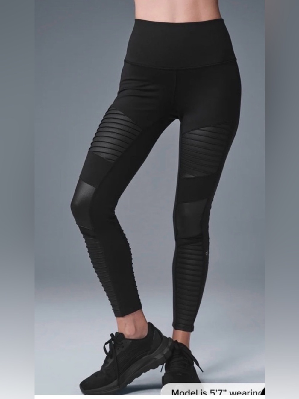 ALO Yoga Black Moto-Panel Leggings with Ribbed Detailing